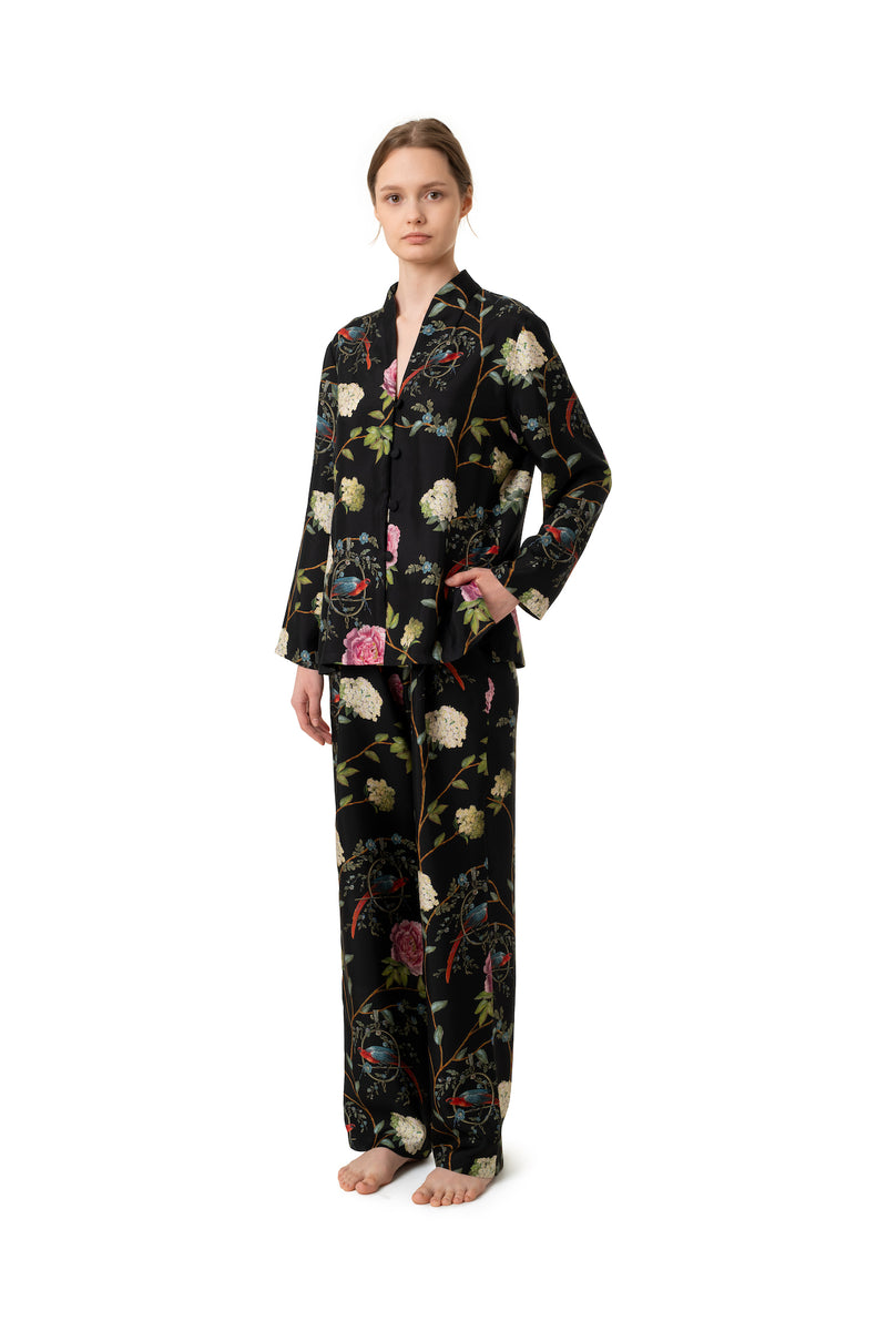 Silk Lounge Suit ''Chinoiserie'' in Black - House of Castlebird Rose