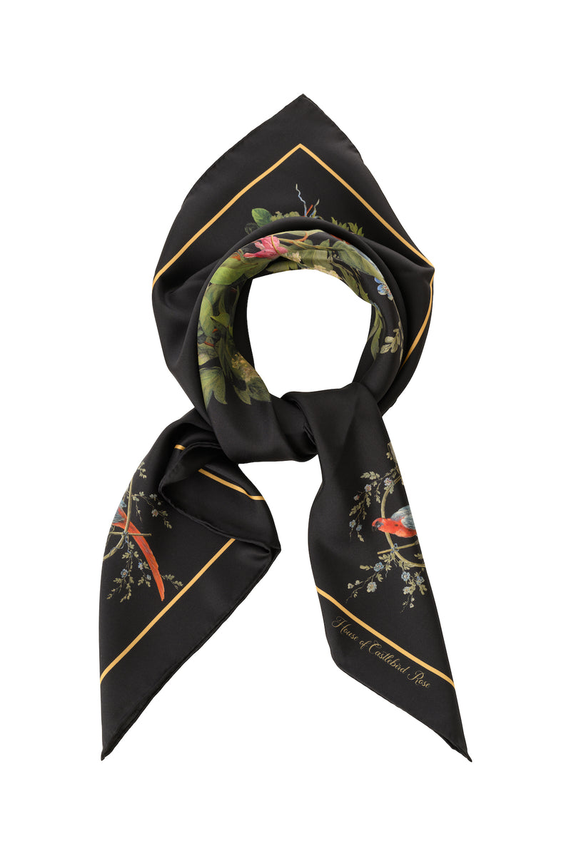 Silk Scarf "Bunch with Bleeding Hearts and Parrots" in black - House of Castlebird Rose