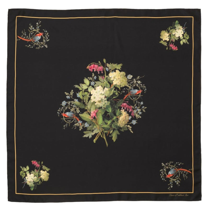 Silk Scarf "Bunch with Bleeding Hearts and Parrots" in black - House of Castlebird Rose