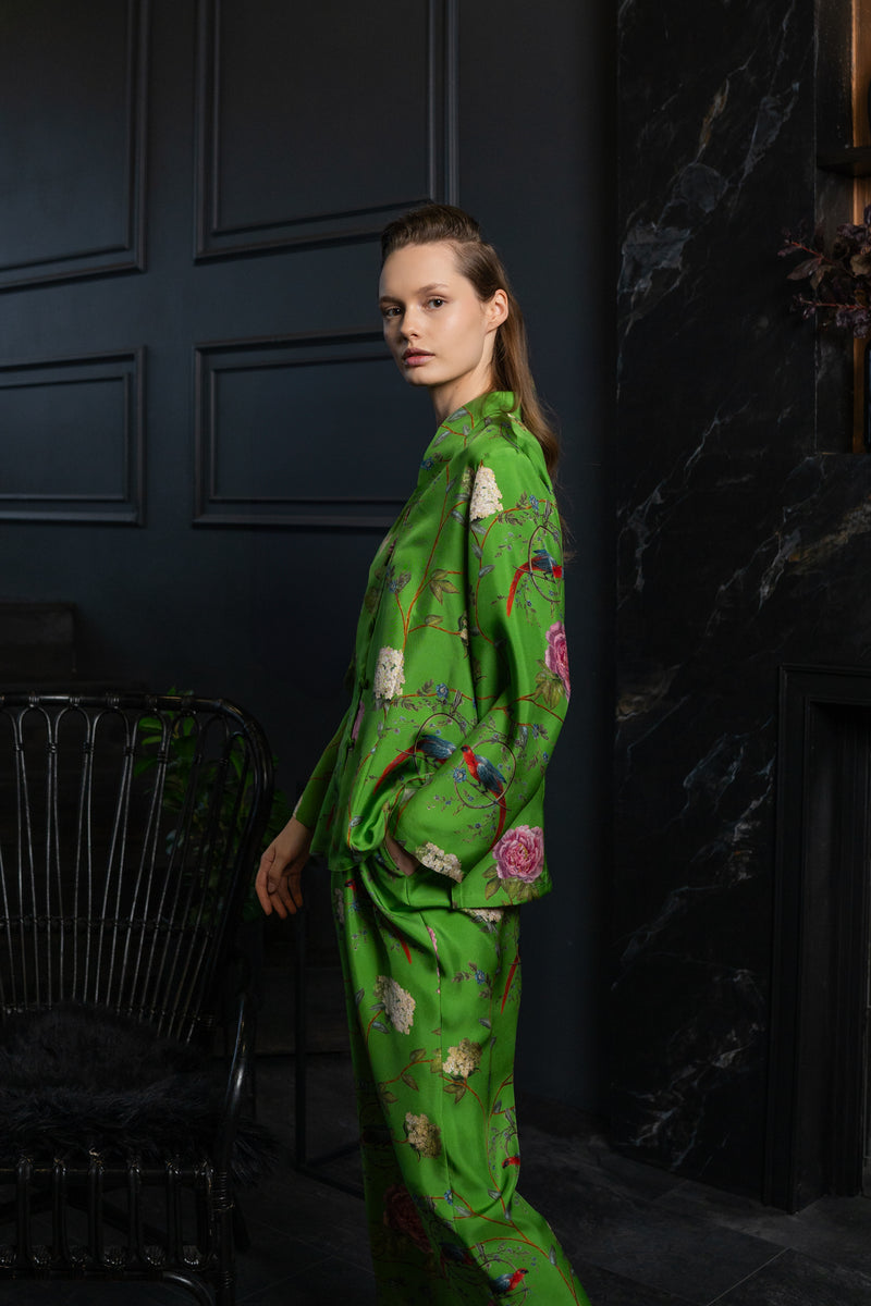 Silk Lounge Suit ''Chinoiserie'' in Emerald Green - House of Castlebird Rose