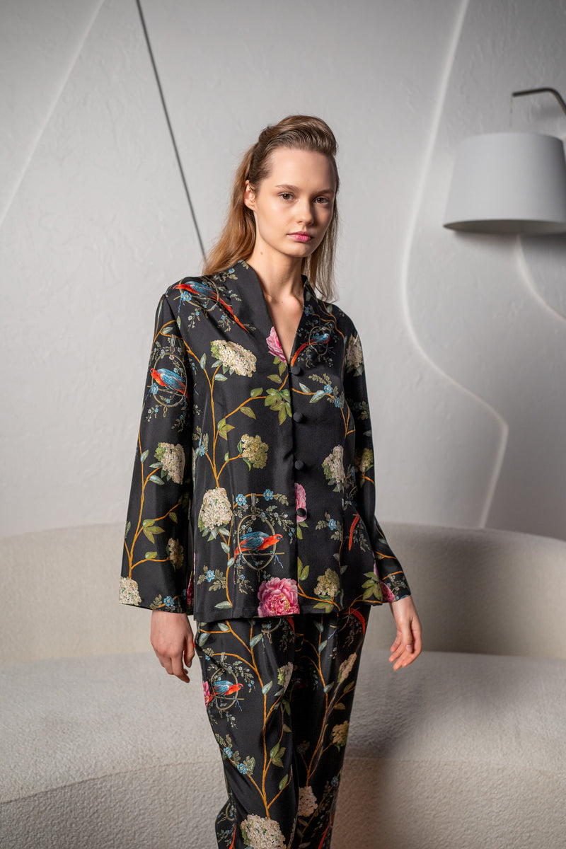 Silk Lounge Suit ''Chinoiserie'' in Black - House of Castlebird Rose