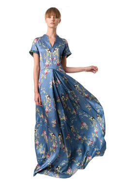 Semi-Casual Silk Dress in Blue Satin ''Belle Époque'' - House of Castlebird Rose