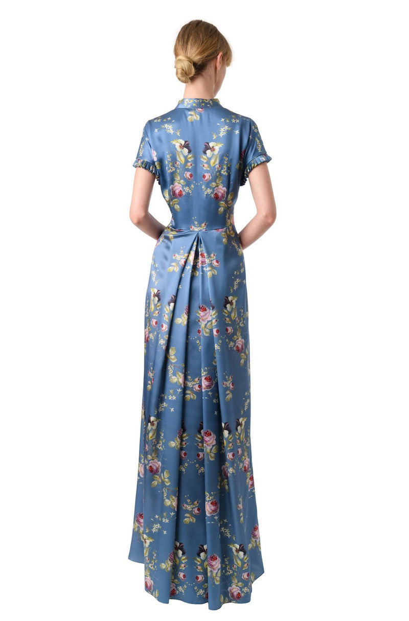 Semi-Casual Silk Dress in Blue Satin ''Belle Époque'' - House of Castlebird Rose