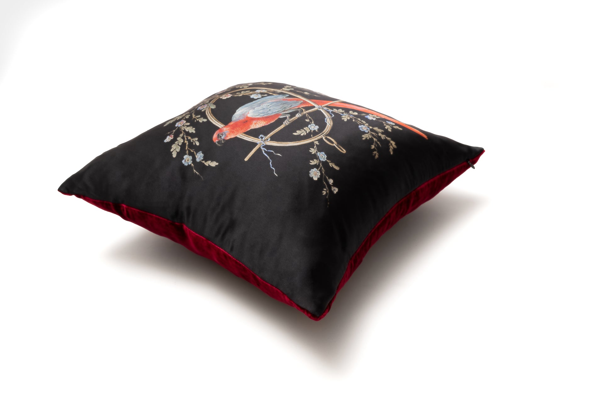 Silk Cushion Black ''Le Perroquet'' - House of Castlebird Rose
