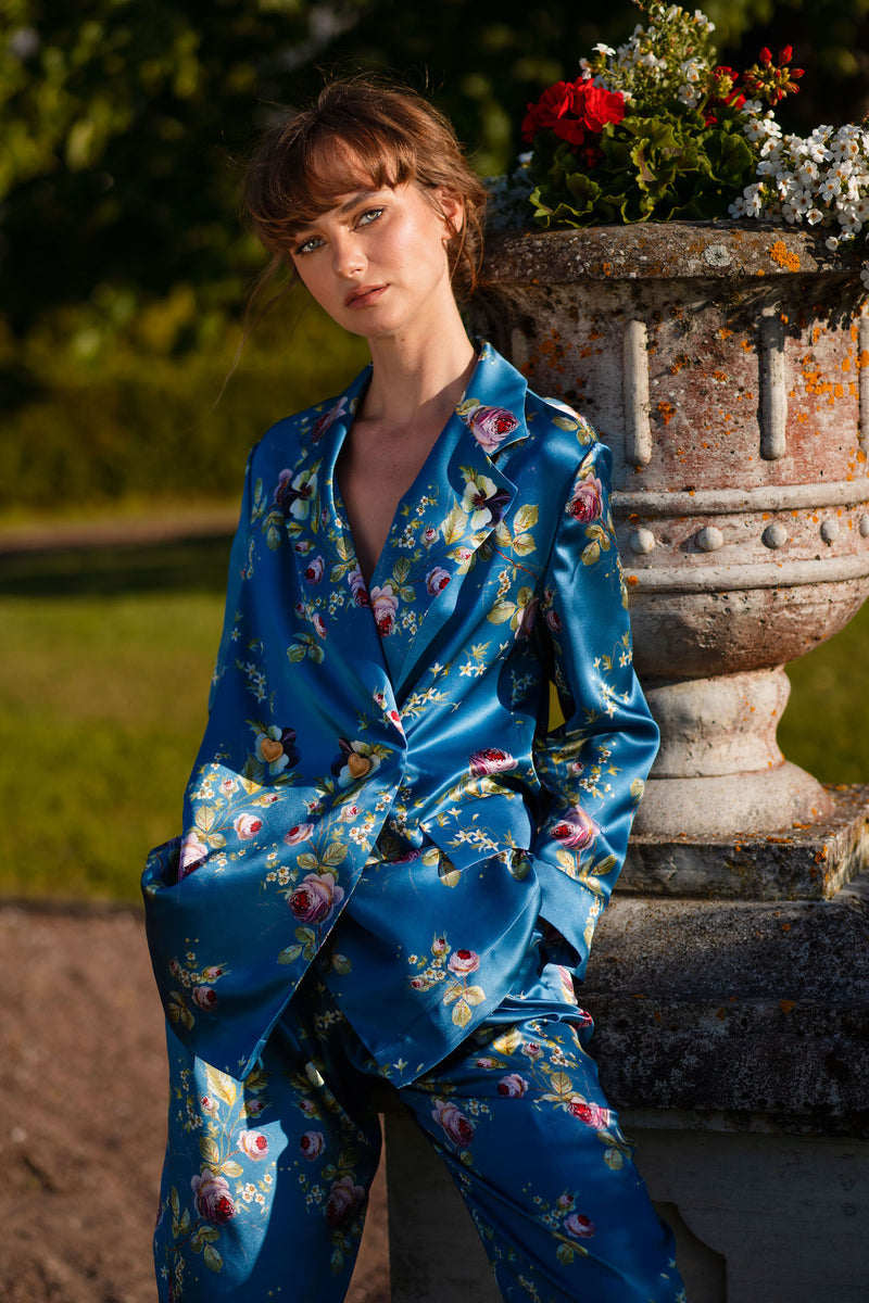 Silk lounging suit in blue satin ''Belle Époque'' - House of Castlebird Rose