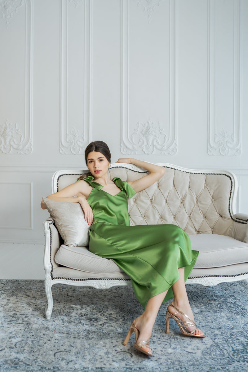 Silk slip dress in green - House of Castlebird Rose