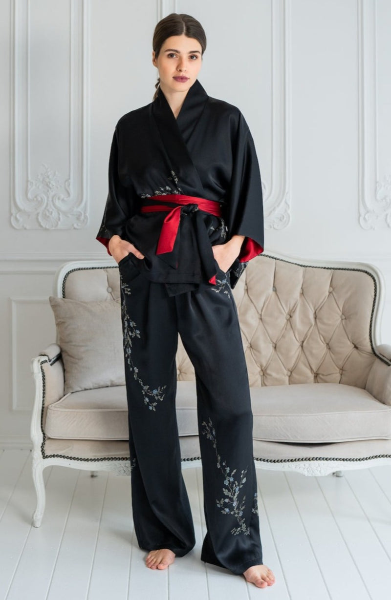 Silk Lounge Suit Black ''Le Perroquet'' - House of Castlebird Rose