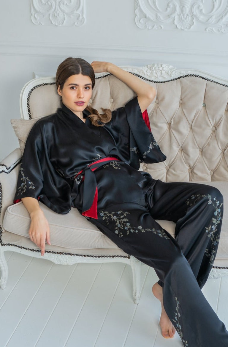 Silk Lounge Suit Black ''Le Perroquet'' - House of Castlebird Rose