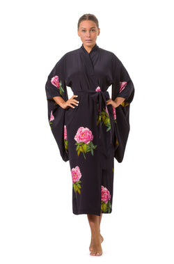 Maxi silk kimono midnight blue ''La Pivoine'' - House of Castlebird Rose