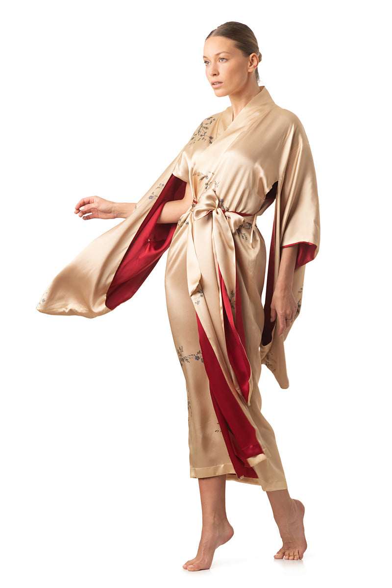 Maxi silk kimono sunset gold ''Le Perroquet'' - House of Castlebird Rose